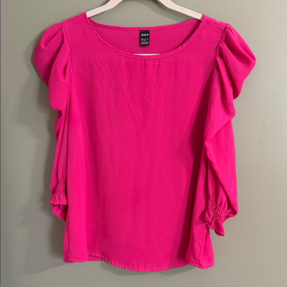 SHEIN Vibrant Pink Puff Sleeve Blouse